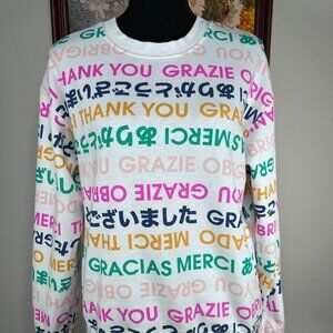 Wound Up Sweatshirt Top Women's Small Multicolor Multilingual Thank You Graphic